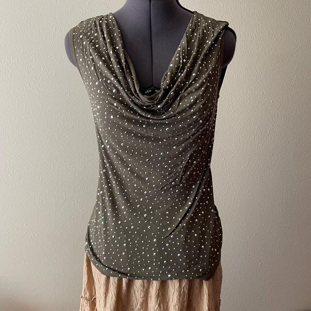 Y2K vintage 2000s green rhinestone cowl neck tank it girl | size M